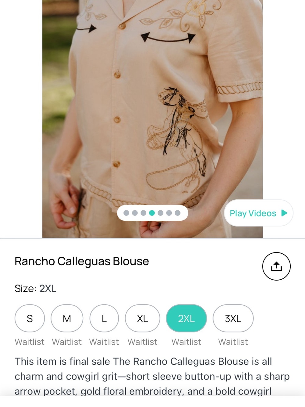 Embroidered Cowgirl Button-Up Blouse in Beige with Gold Stitching